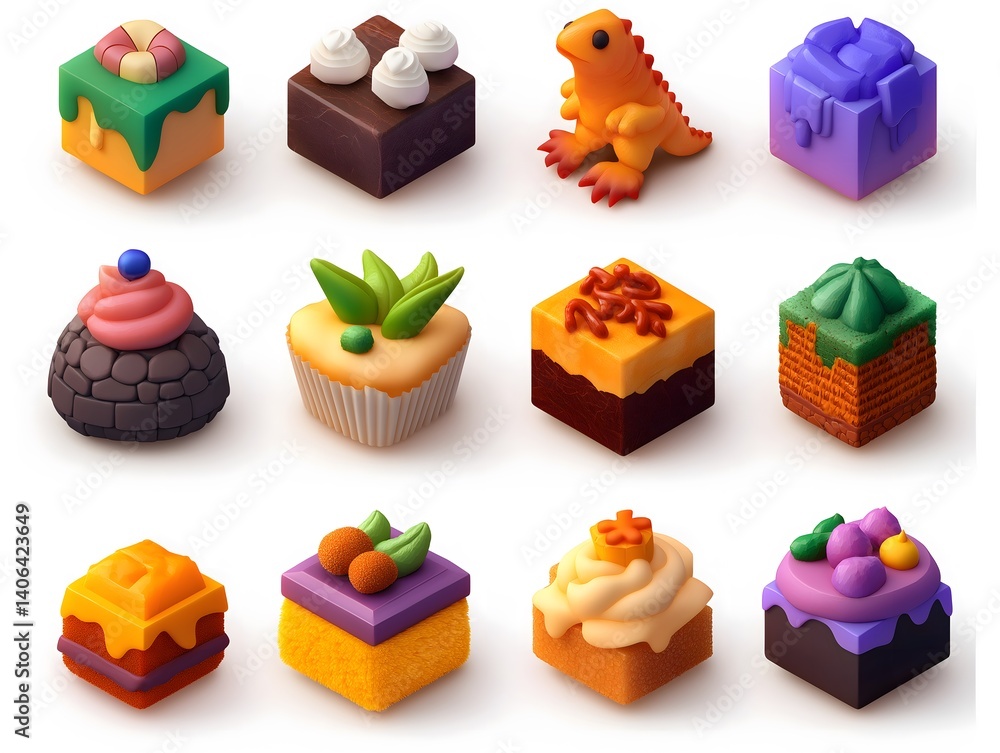 Naklejka premium Generation Alpha food menu: a charming isometric of colorful Dino-Nuggets 2.0 food icons on a white background.