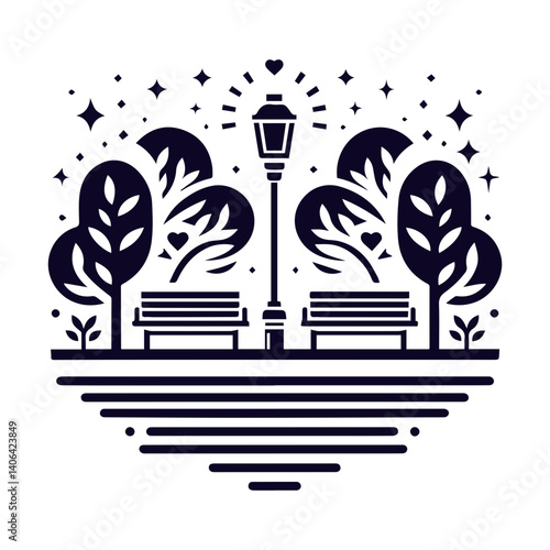 Lavish abstract streetlight with tree geometry, sleek bench, and creative love pattern