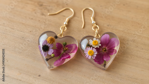 Handmade resin earrings featuring real flowers. Heart shaped clear earrings with small gold hanging hoops. 