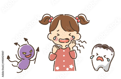 虫歯で泣いている女の子と虫歯になっている歯と虫歯菌