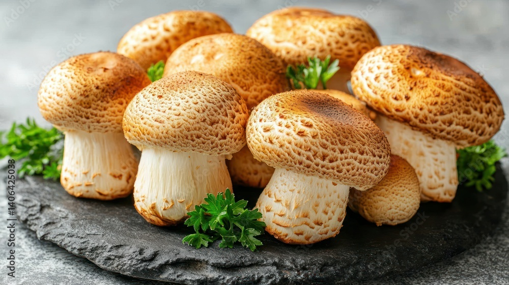 Fresh mushrooms on a dark stone plate. Close-up view of several whole, uncooked, light brown mushrooms, with pale stems and scattered with small, fresh sprigs of parsley. Healthy and delicious Fresh mushrooms on a dark stone plate. Close-up view of several whole, uncooked, light brown mushrooms, with pale stems and scattered with small, fresh sprigs of parsley. Healthy and delicious