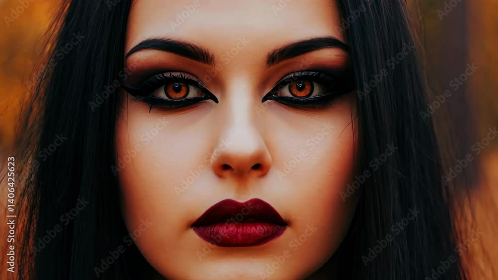 custom made wallpaper toronto digitalA captivating portrait of a dark-haired woman with striking makeup, set against an autumn forest backdrop. Her intense gaze and bold lips create a stunning visual impact.