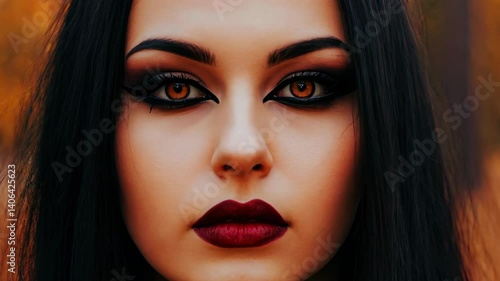Wallpaper Mural A captivating portrait of a dark-haired woman with striking makeup, set against an autumn forest backdrop. Her intense gaze and bold lips create a stunning visual impact. Torontodigital.ca