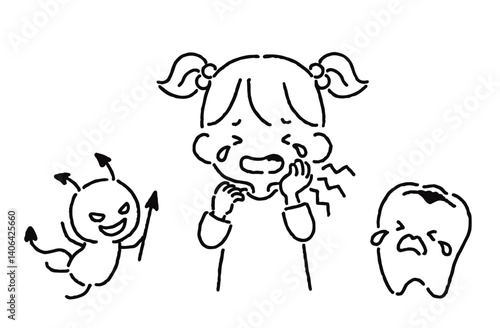 虫歯で泣いている女の子と虫歯になっている歯と虫歯菌（線画）