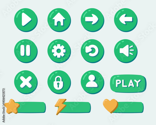 Cartoonish, rounded, green game interface buttons and controls.