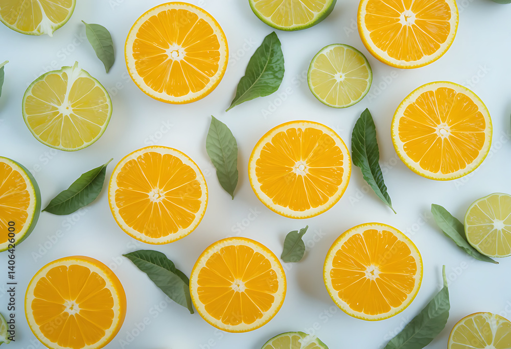 Fototapeta premium A Collection Of Sliced And Whole Oranges, Lemons, And Limes Are Displayed On A White Background, Citrus Fruits, Freshness, Vitamin C, Healthy Eating