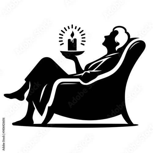 Elderly woman relaxing with candle in armchair vector silhouette