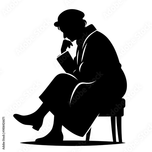 Elderly man thinking while sitting vector silhouette