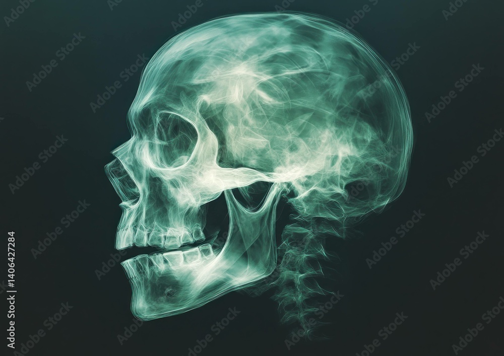 Ethereal representation of skull anatomy through simulated x-ray visualization Ethereal representation of skull anatomy through simulated x-ray visualization