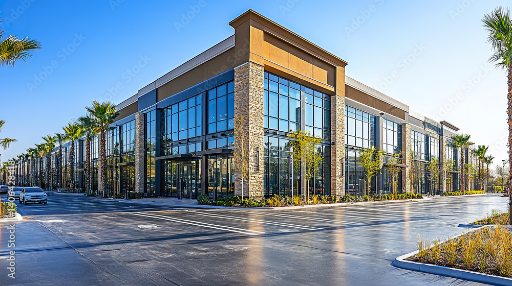 Contemporary commercial strip mall with large windows and palm trees