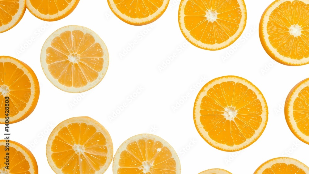 Orange slices arranged in circular pattern on white background, minimalist style with bright colors, healthy eating and freshness theme Orange slices arranged in circular pattern on white background, minimalist style with bright colors, healthy eating and freshness theme