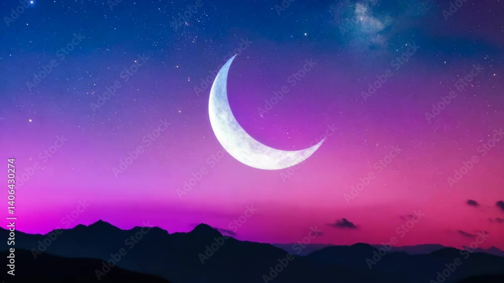 A captivating view of a crescent moon in a vibrant twilight sky with shades of purple and blue. The tranquil scene inspires serenity and wonder. A captivating view of a crescent moon in a vibrant twilight sky with shades of purple and blue. The tranquil scene inspires serenity and wonder.