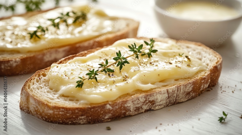 Toasted bread slices topped with creamy spread and fresh thyme Toasted bread slices topped with creamy spread and fresh thyme