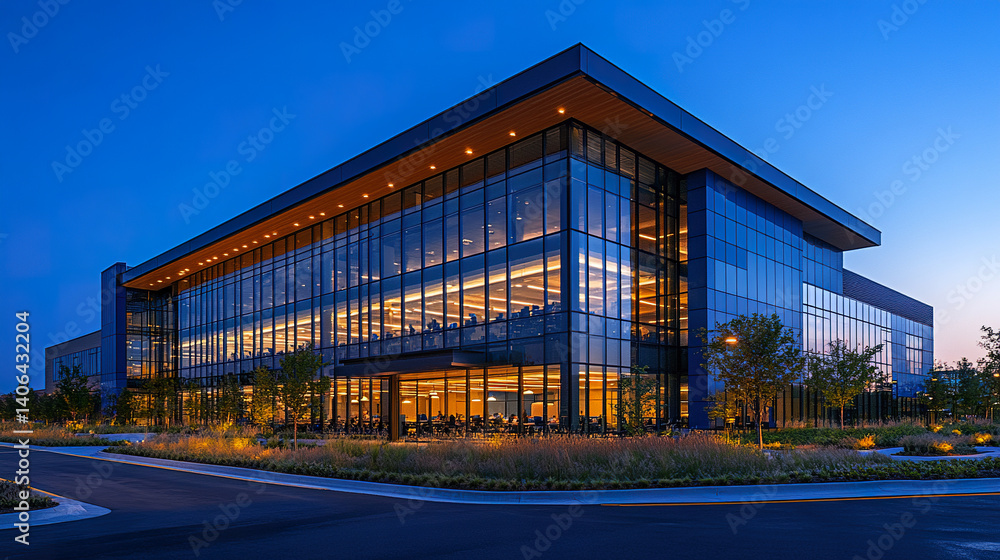Obraz premium Modern corporate building with lit rooms at dusk, showcasing sleek architecture