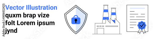 Locked shield illustrating protection, industrial factory, and certified document with blue seal. Ideal for security, industry, technology, certification, compliance, trust flat landing page banner