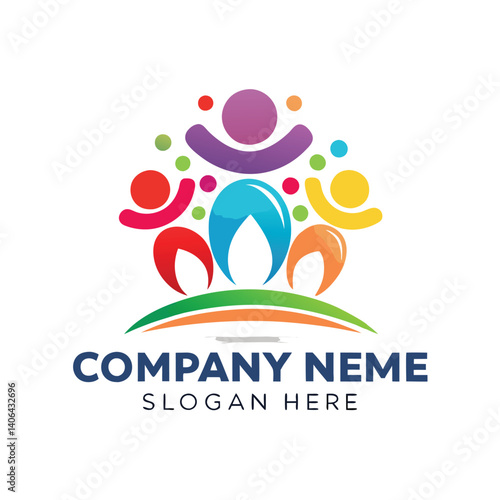 Colorful, interconnected figures on a grassy hill, forming a community logo
