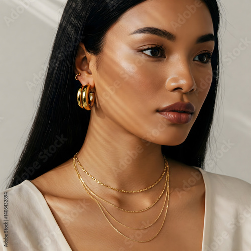 Woman wearing chunky gold hoop earrings and a layered gold chain necklace, set against a soft, neutral background with warm lighting that highlights the jewelry shine.
