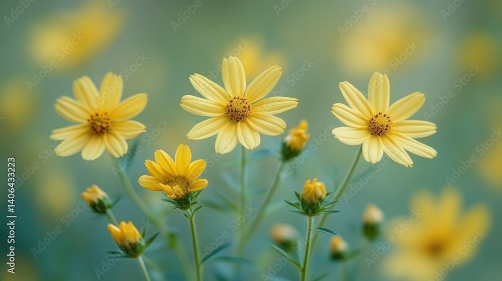 Fototapeta premium Delicate yellow wildflowers in soft focus