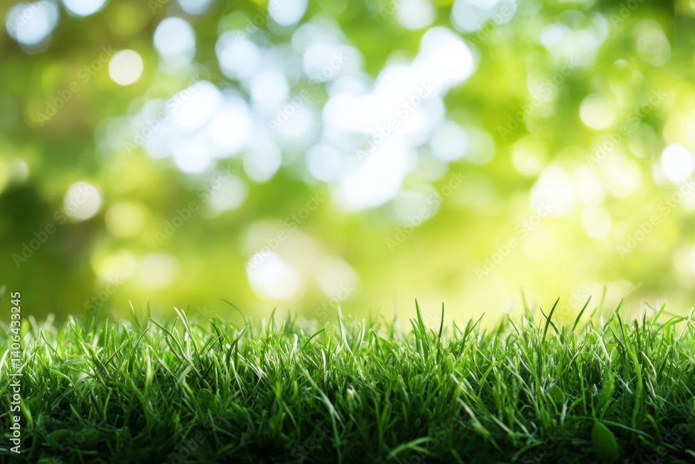 Fototapeta premium Lush green grass in a vibrant natural setting. Sunlight filters through the foliage creating a soft, out-of-focus background