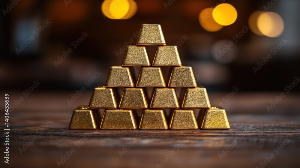 Golden pyramid of stacked gold bars on a wooden surface Golden pyramid of stacked gold bars on a wooden surface