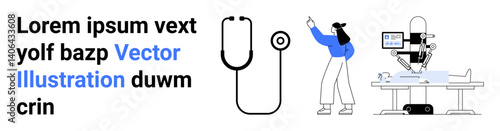Doctor with stethoscope, medical robot, patient undergoing treatment. Ideal for healthcare, technology, innovation, education, AI in medicine, future of health simple landing page
