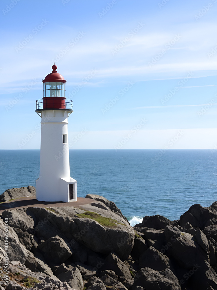 Coastal Lighthouse on Rocky Shoreline with Ocean View Under Blue Sky Coastal Lighthouse on Rocky Shoreline with Ocean View Under Blue Sky