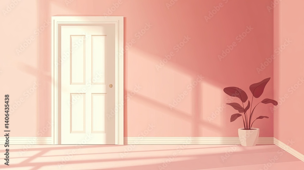 Minimalist Pink Room Interior with White Door and Plant Minimalist Pink Room Interior with White Door and Plant