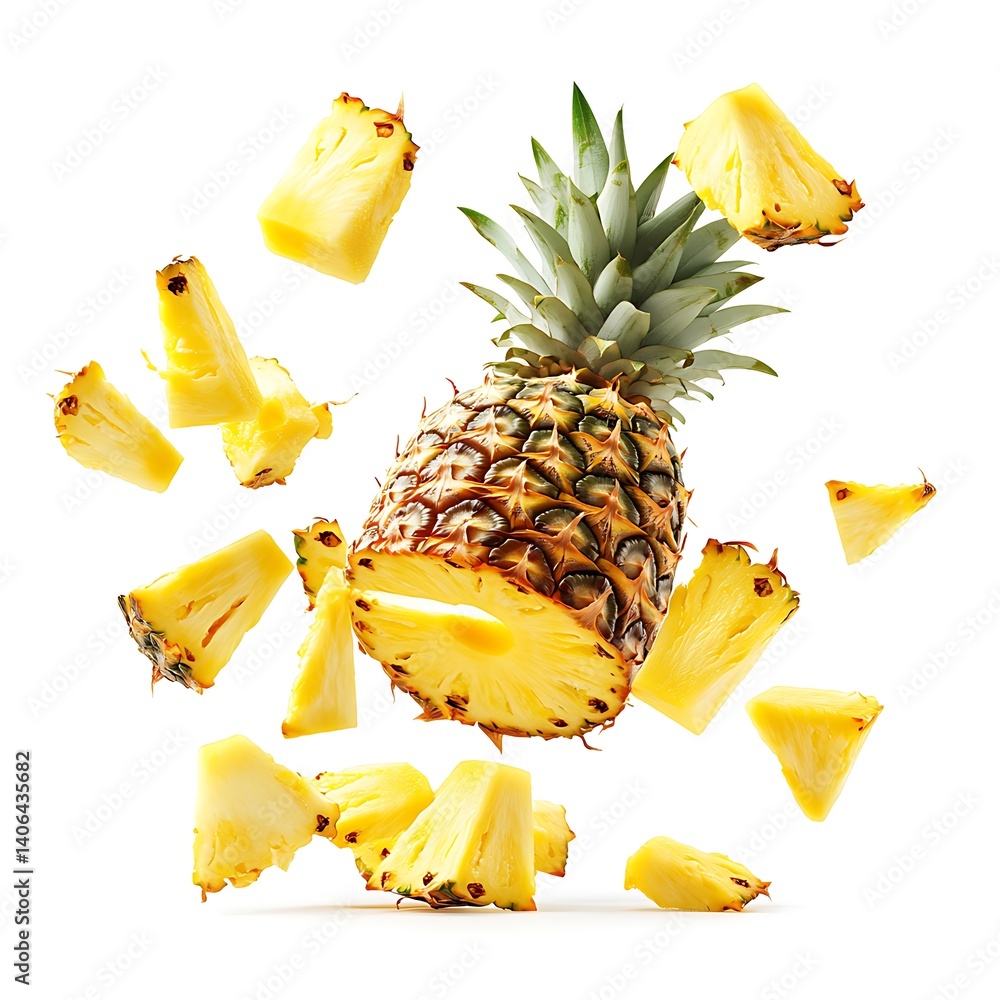 Sliced pineapple falling on white background