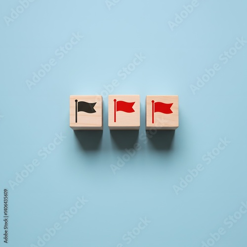 emotional abuse surfacing. Violation of one of the red flags. wooden blocks with flag icons, three white blocks, one red block, Trust violations, manipulation, Relationship problems. flat lay