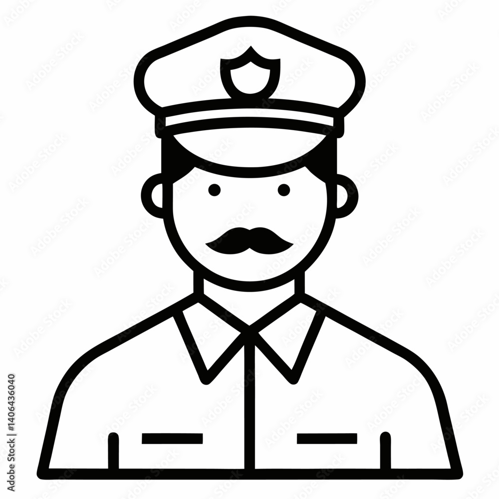 Police Officer Line Icon with Mustache and Badge Cap Police Officer Line Icon with Mustache and Badge Cap