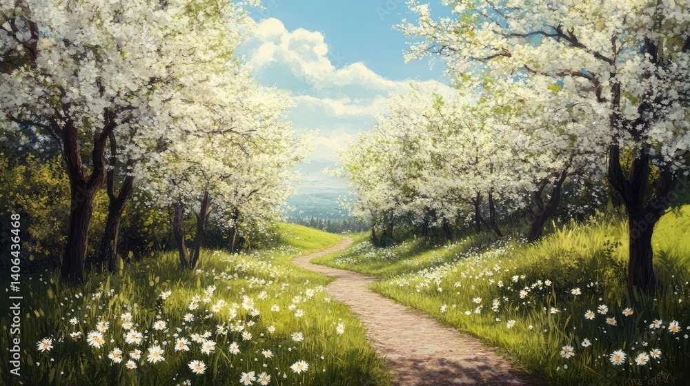 Pathway through a blossoming orchard evokes a serene spring landscape Pathway through a blossoming orchard evokes a serene spring landscape