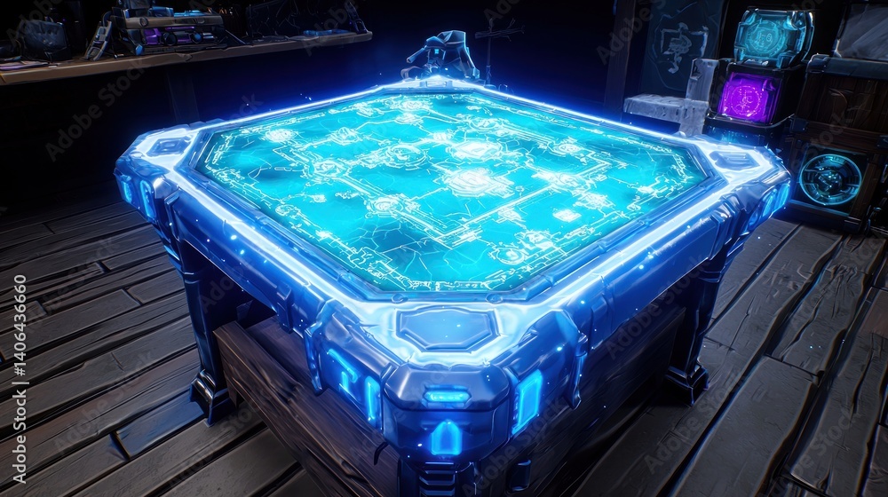 High-tech, glowing, interactive table, possibly for gaming or magic