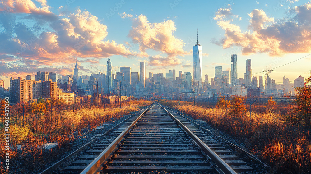 Fototapeta premium Expansive urban landscape with rail tracks leading into cityscape at sunset