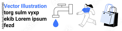 Water tap with droplet, woman running in casual attire, and two shopping bags. Ideal for lifestyle, utility, sustainability, shopping, fitness movement and modern life themes. Flat landing page