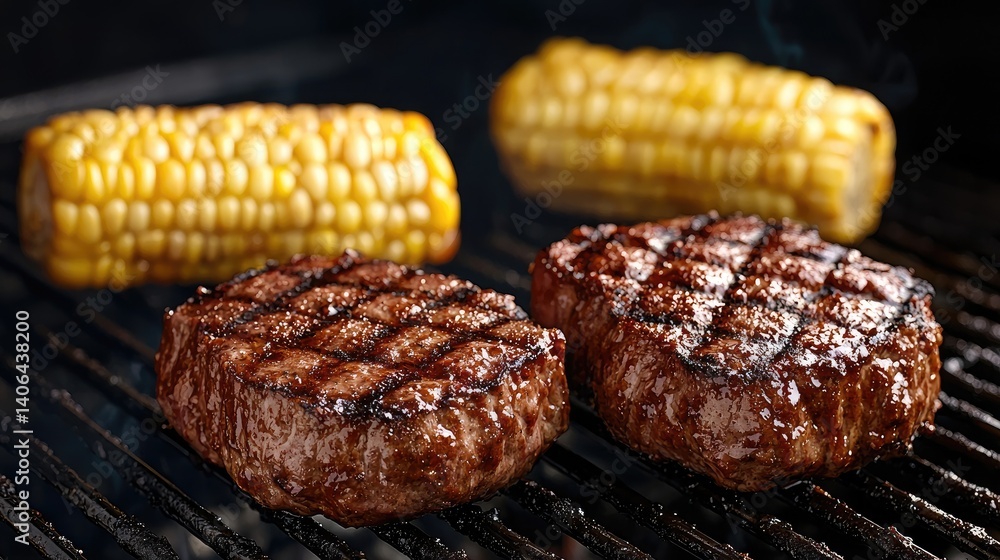 Grilled hamburger patties and corn on the cob a juicy summer meal Grilled hamburger patties and corn on the cob a juicy summer meal