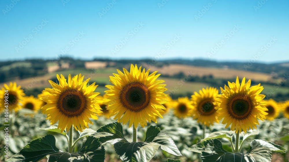 Fototapeta premium Sunflower field in full bloom against hills and clear blue sky