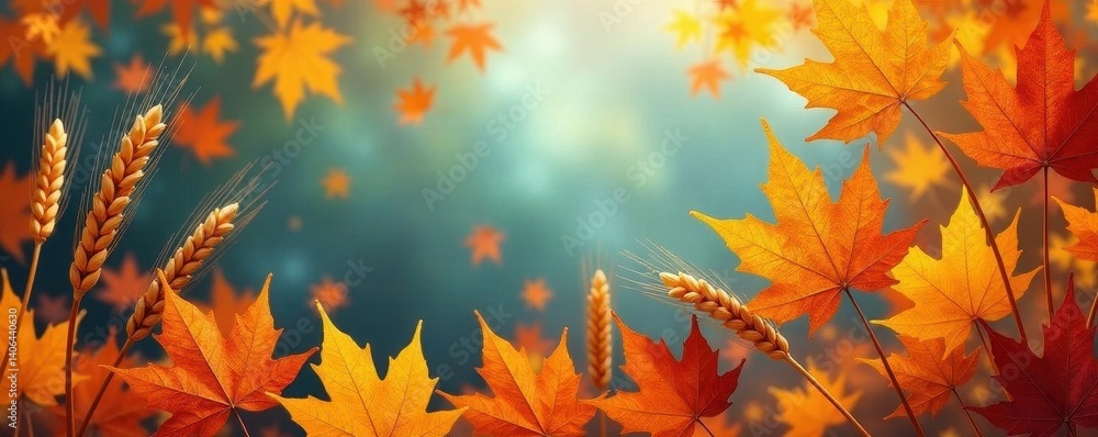 Fototapeta premium Crisp autumn leaves & ripe wheat ears on colorful backdrop, crop, photography, wheat