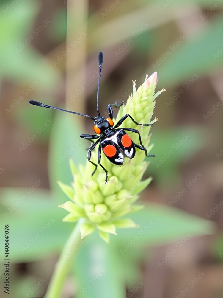 Naklejka premium Six-spot burnet (Zygaena filipendulae) perched on a plant