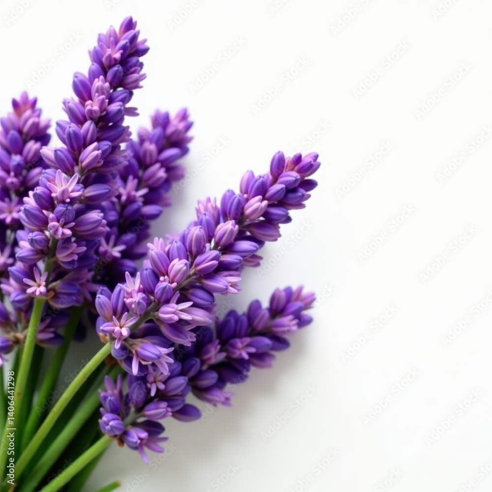 Crisp white backdrop showcasing a lush bunch of lavender blossoms , botany, still life, violet Crisp white backdrop showcasing a lush bunch of lavender blossoms , botany, still life, violet