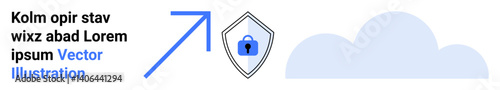 Blue arrow pointing to shield with lock icon, placed before light cloud silhouette. Ideal for data protection, cloud security, encryption, cybersecurity, online safety, privacy, flat landing page