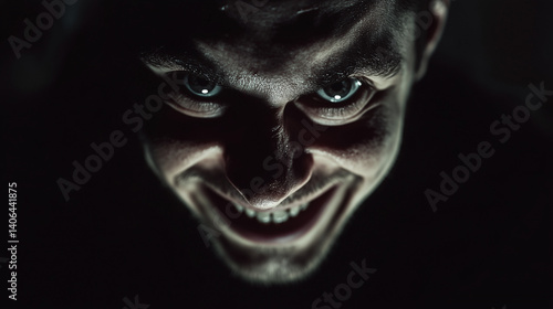 A man with a creepy smile that looks unnatural, his eyes wide open with a dark expression, dark room background with dim light only illuminating his face, Ai generated images
