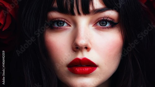 Wallpaper Mural A captivating portrait of a woman surrounded by vibrant red roses, showcasing her bold makeup and luscious hair, perfect for beauty and floral themes. Torontodigital.ca