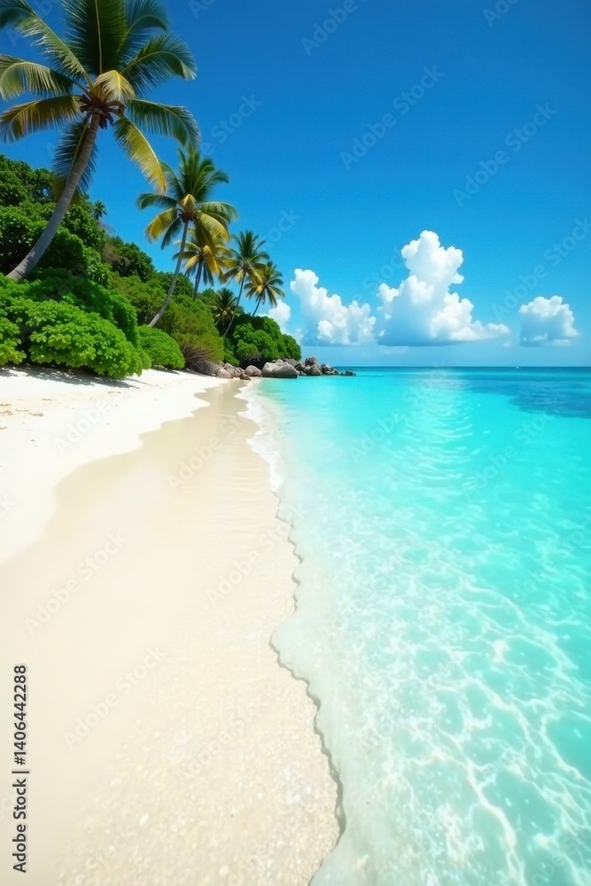 Crystal-clear aqua water, soft white sand, distant palms , white, summer, green Crystal-clear aqua water, soft white sand, distant palms , white, summer, green