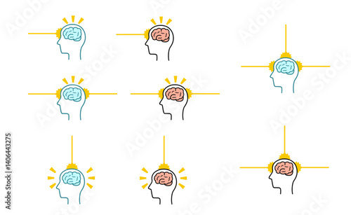 脳に電撃が走り直感する、ひらめきのイメージ図のセット