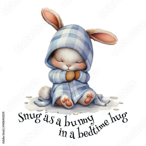 Cute bunny in blue plaid pajamas sitting with eyes closed, snug as a bunny in a bedtime hug quote illustration - Snug as a bunny in a bedtime hug, isolated with transparent background and tagline