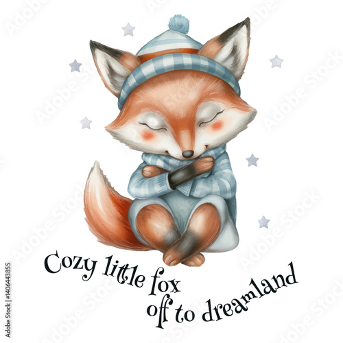 Adorable sleeping fox in blue pajamas with cozy little fox off to dreamland quote, watercolou nursery illustration - Cozy little fox off the dreamland, isolated with transparent background and tagline
