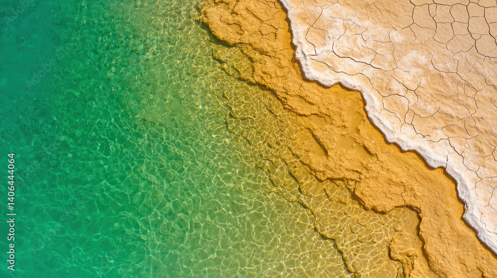 Obraz premium A stunning aerial view of a water body with vibrant green hues meeting a dry, cracked shoreline, showcasing nature's contrast between water and land.