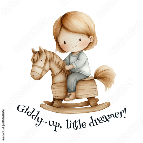 Adorable child riding wooden rocking horse with sweet "Giddy-up, little dreamer!" quote, watercolor nursery art, isolated with transparent background and tagline