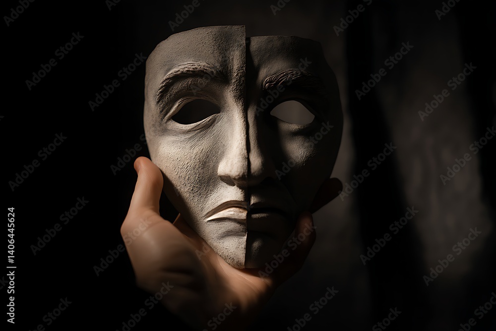 a smiling mask held in front of a sad face, behind the scenes of social media a smiling mask held in front of a sad face, behind the scenes of social media