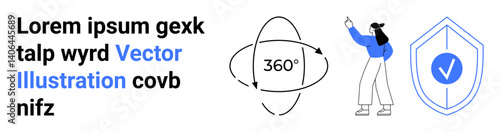 Woman standing and gesturing, shield with checkmark, 360-degree rotation icon, placeholder text. Ideal for security, reliability, user interface, technology, innovation guarantees simple landing